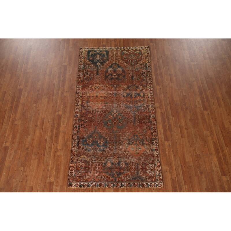 Distressed Qashqai Persian Antique Area Rug Hand-Knotted Wool Carpet - 4'1"x 8'2"