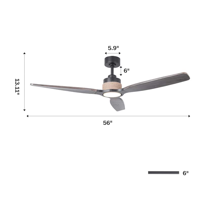 Parrot Uncle 56" Transition Black Solid Wood Jute Dimmable LED Ceiling Fan with Light and Remote