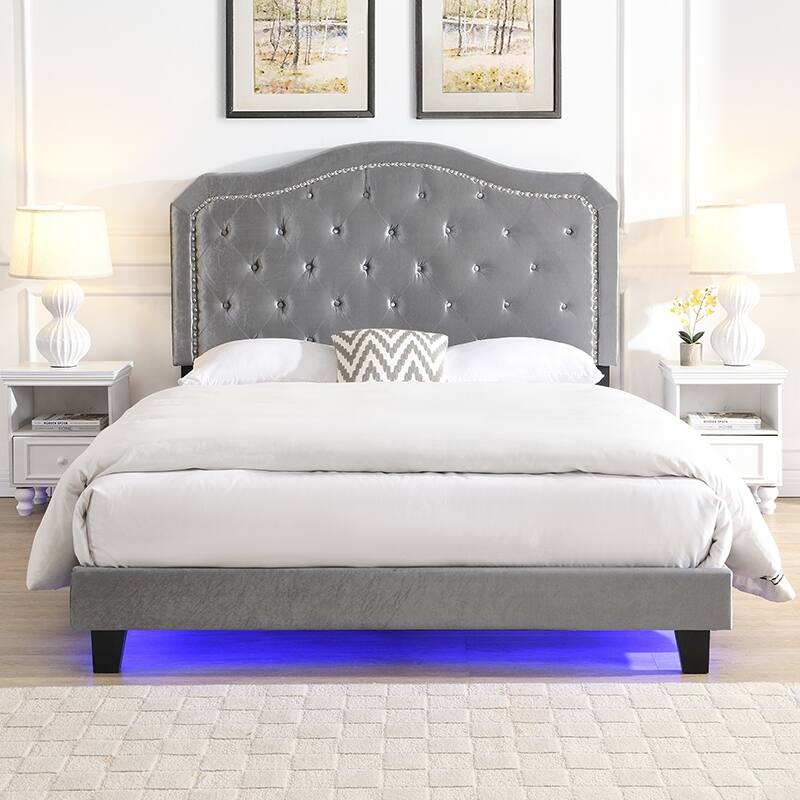 Elegant Upholstered Queen Bed with Button Tufted Curves, LED Lights, and Strong Wooden Slat Support, No Box Spring Needed