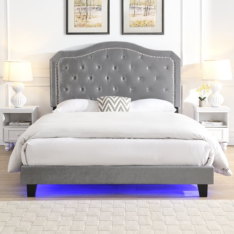 Queen Size Upholstered Platform Bed with LED Lights and Light Grey Velvet