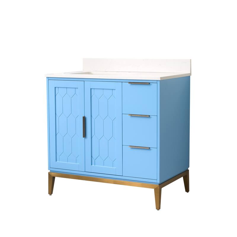 35''H Solid Wood Bath Vanity with Stain-resistant Carrera White Quartz Top and Sink