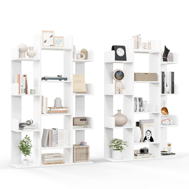 2 PCS Bookshelf Tree-Shaped Bookcase w/Storage Shelf - White