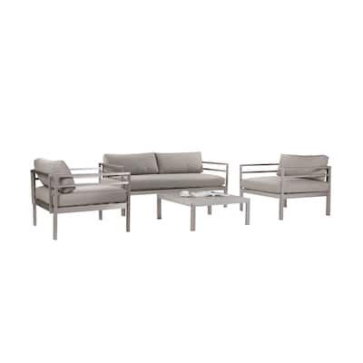 3 Piece Sectional Fabric Upholstered Sofa Set with Table, Gray and Silver