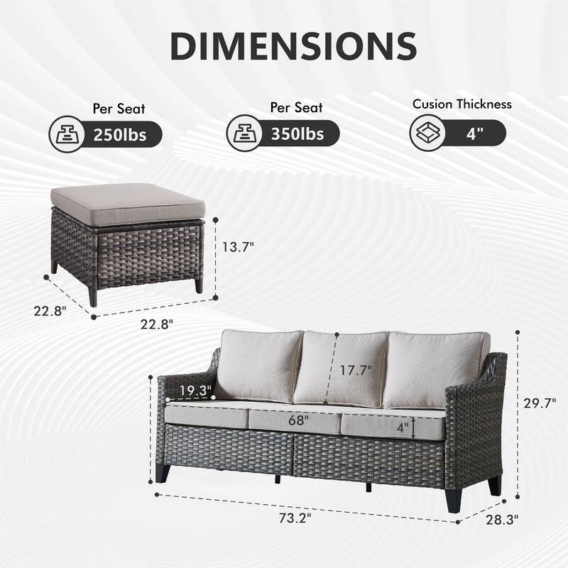 Meyreso Gray Wicker 3-Seat Patio Sofa with 4-Inch Thick Cushions and ottomans