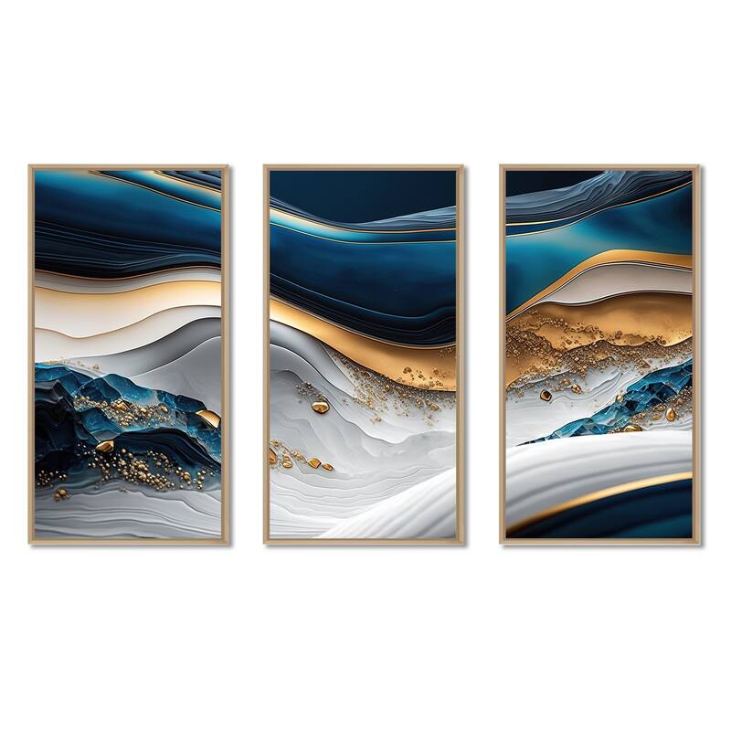 Designart "Abstract Geode Waves Blue II" Modern Waves Framed Canvas Art Print - 3 Panels