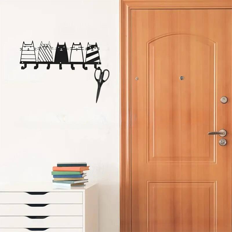 Cute Cat Wall Hooks 7-Hook Key Rack Coat Rack Modern Decor - 13.74" x 4.37"