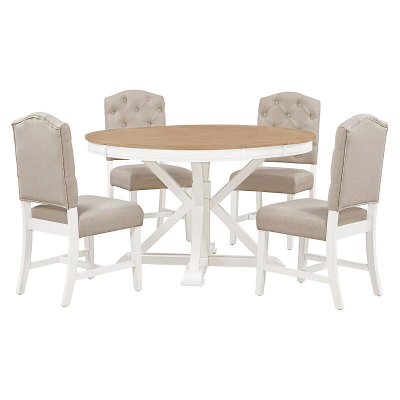 Oak Natural Wood + Off White 5-Piece Wooden Dining Table Set with Extendable Round Table & 4 Chairs