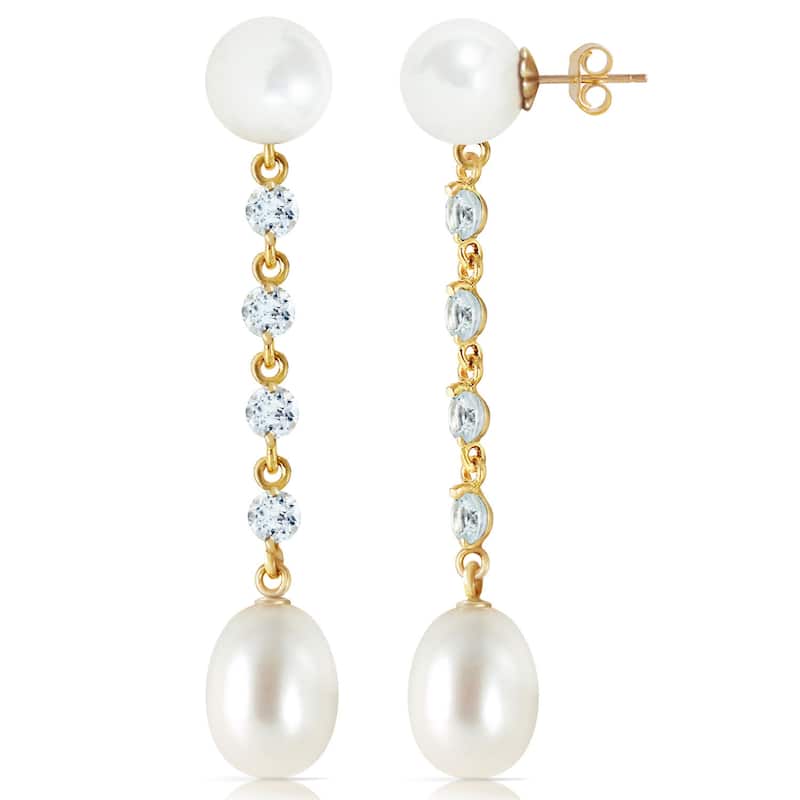 14K Solid Gold Chandelier Gemstone Earrings w/ Aquamarine & Pearl - Yellow