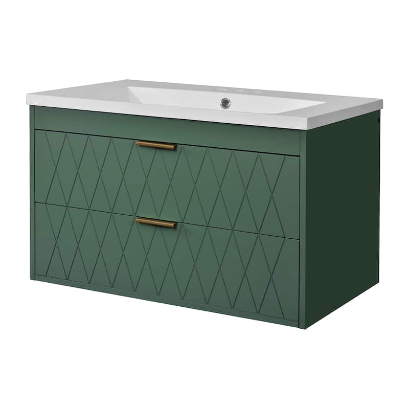 30" Wall Mounted Bathroom Vanity with Resin Sink, Floating Solid Wood Frame Bathroom Storage Cabinet with 2 Drawers - 30 Inch