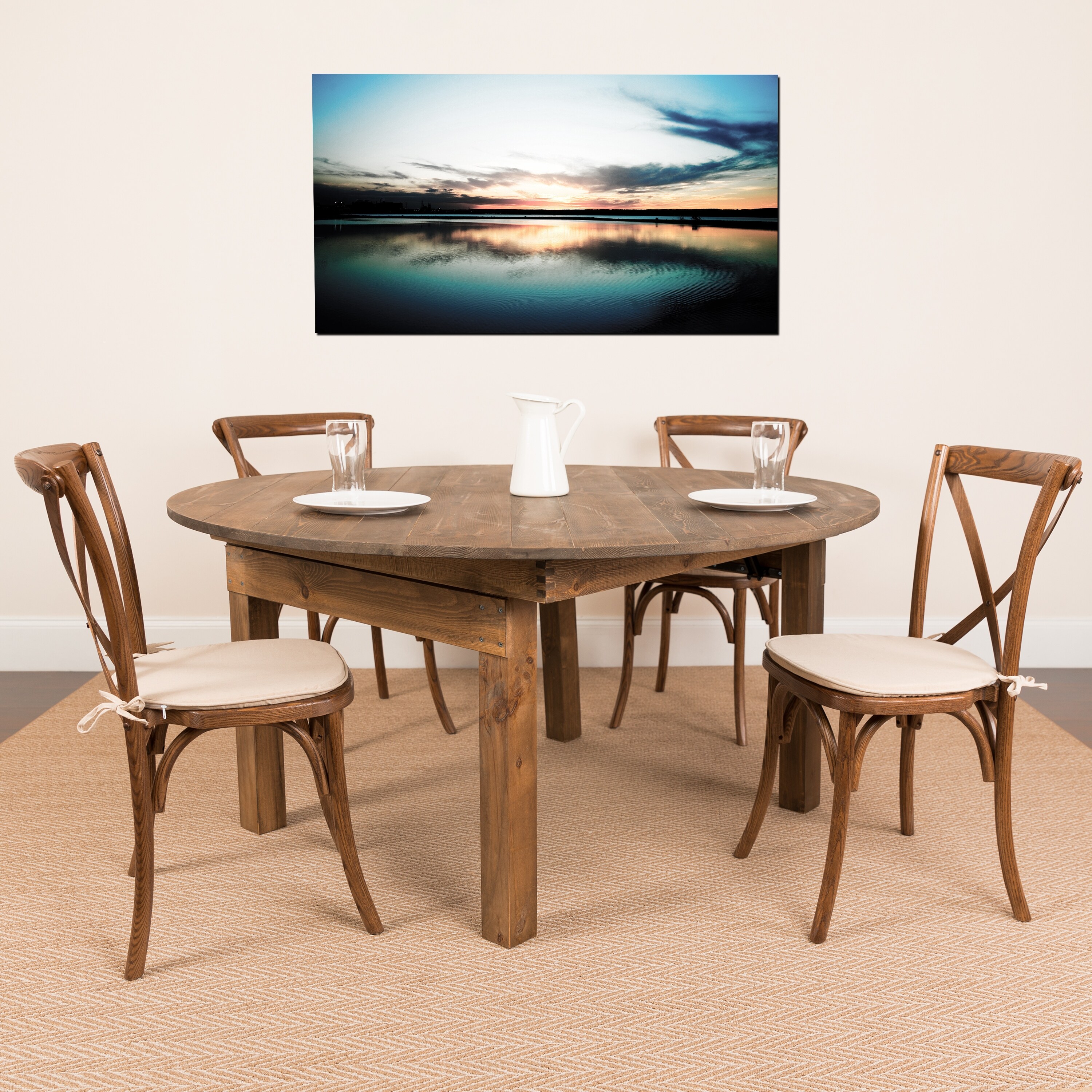 Shop 5 Foot Round Pine Folding Farm Dining Table Set With 4 X Back Chairs Cushions On Sale Overstock 27736179