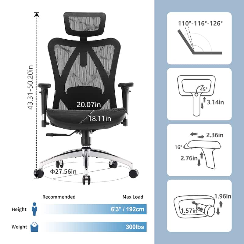 SIHOO Ergonomic Office Chair Mesh High Back Desk Chair Computer Chair,300lb, Black - 64*70*123