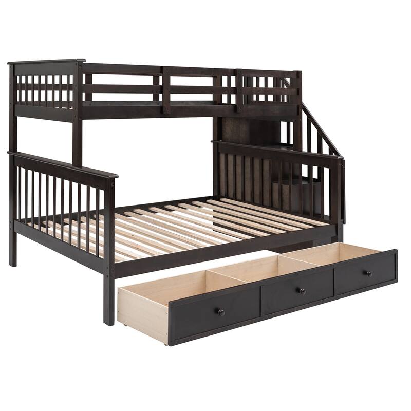 Stairway TwinOverFull Bunk Bed with Drawer, Storage and Guard Rail