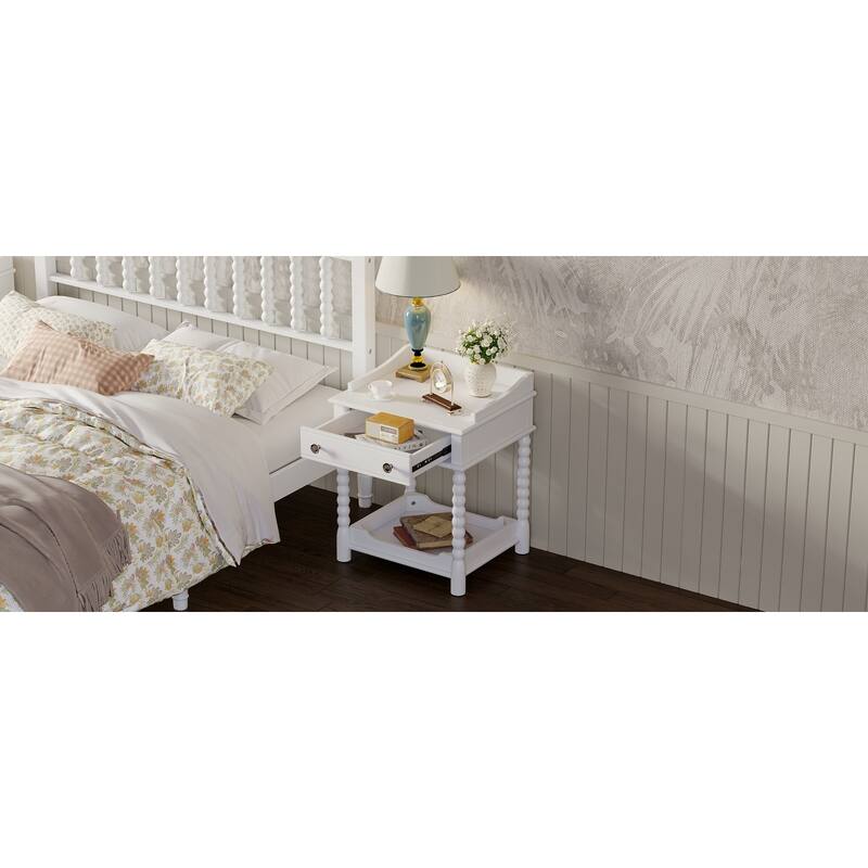 Charming White Retro Nightstand with Drawer and Open Shelf, Classic Bedside Table with Metal Handle
