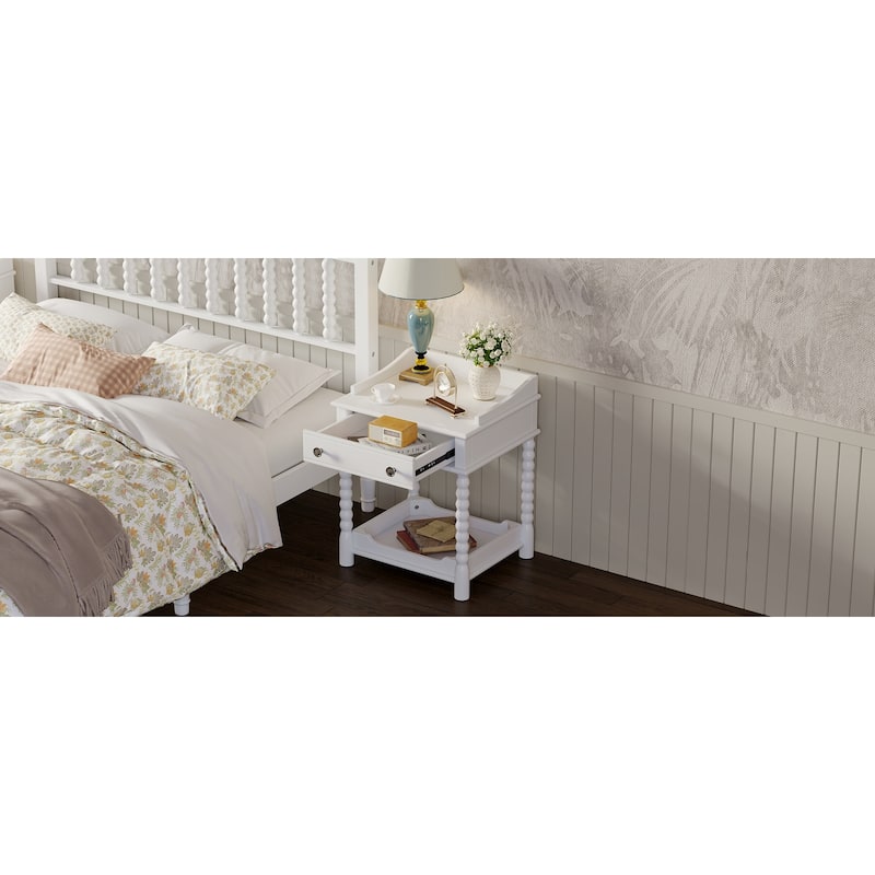 Retro Style Nightstand With Drawer And Open Shelf, Bedside Table With Turned Legs And Metal Handle