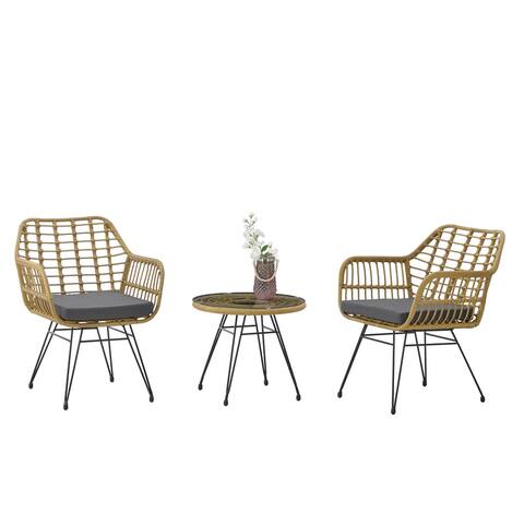 Modern Rattan Coffee Chair Table Set 3 PCS, Outdoor Furniture Rattan Chair,Garden Set Two Chair + One Table, Yellow