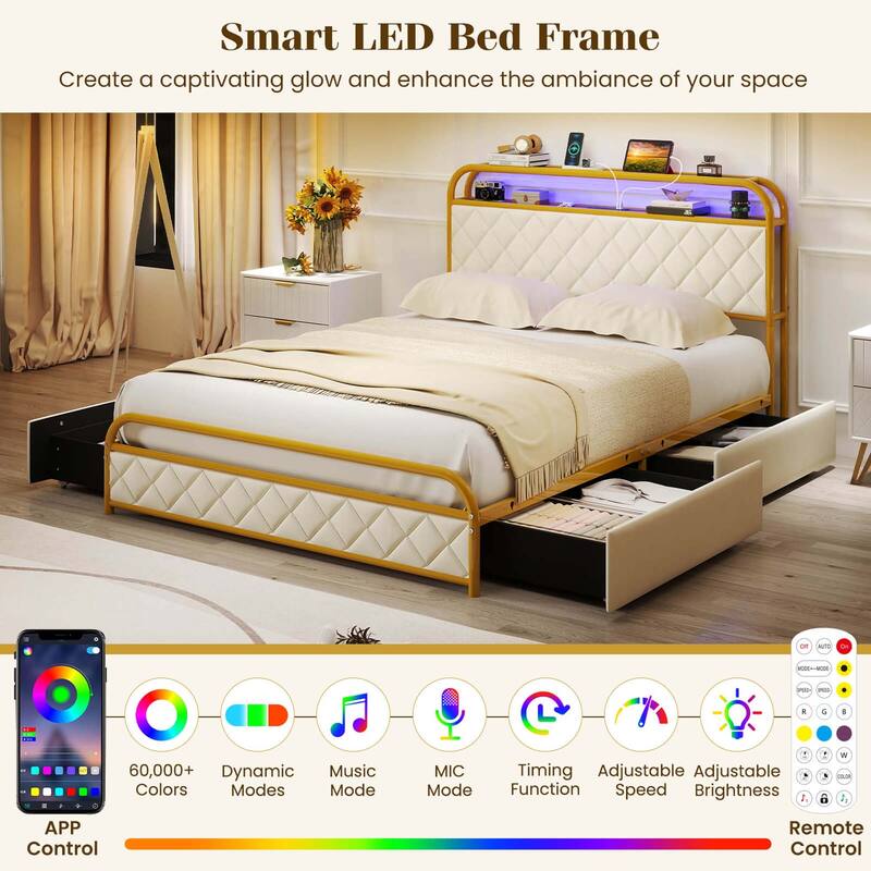 Costway Twin/Full/Queen Size Bed Frame with LED Lights & Charging