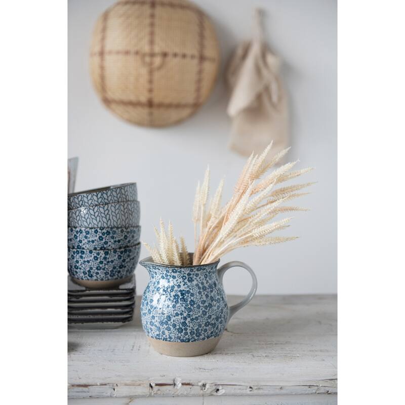 Hand-Painted Country-Style Stoneware Pitcher with Floral Print