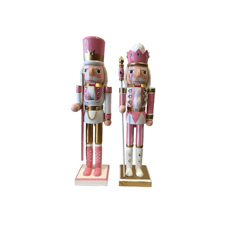 Set of 2 Pink and Gold Jeweled Christmas Nutcrackers with Scepter 14"