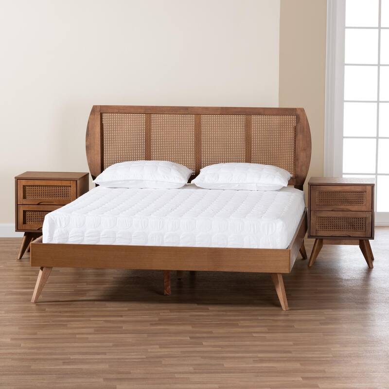 Asami Mid-Century Modern Walnut Brown Finished Wood and Woven Rattan 3-Piece/4-Piece/5-Piece Bedroom Set (Multiple Bed Sizes)