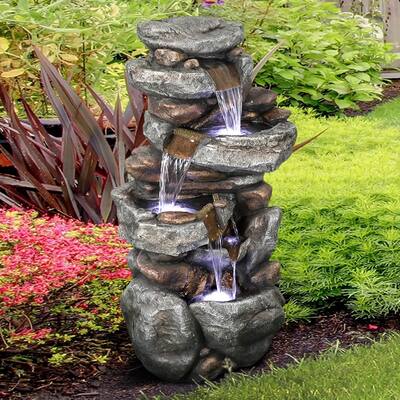 5-Tier Rock Water Fountain w/LED Lights Outdoor Water Feature for Home