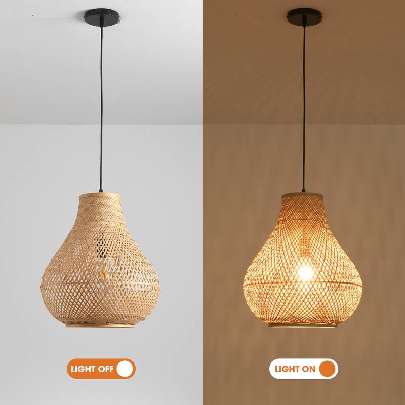 15" Natural Farmhouse Vase Shape Handwoven Rattan Caged Pendant Light - 14.96" D x 14.96" W x 62.99 " H