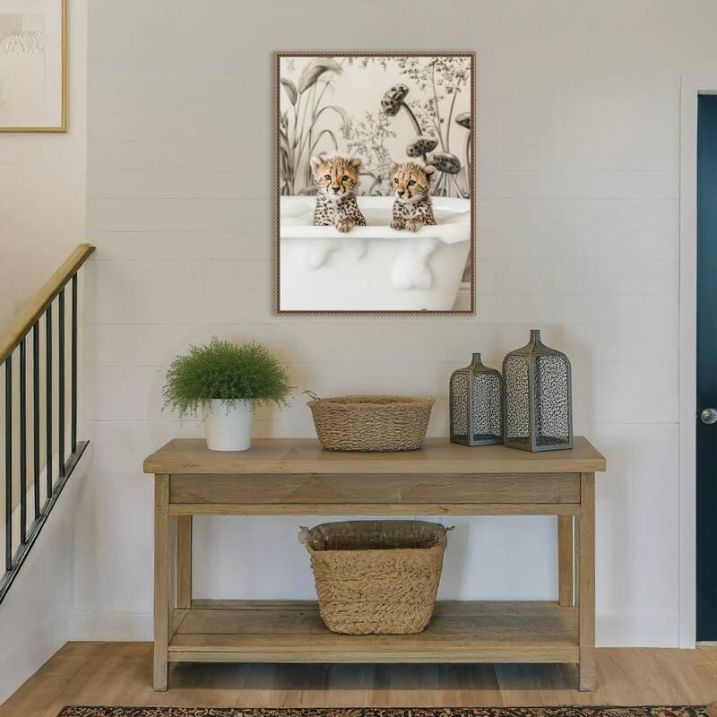 Cheetah Cub Bath by Niky Rahner Framed Canvas Wall Art