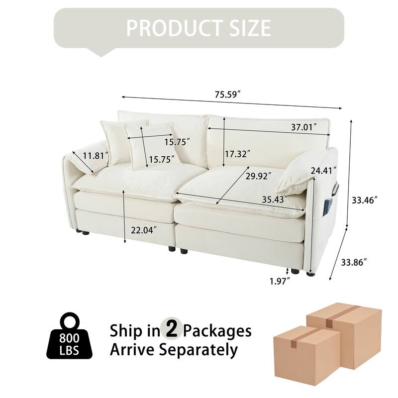 64" Oversized Chenille 2-Seater Sofa with DIY Combo & Storage Pockets