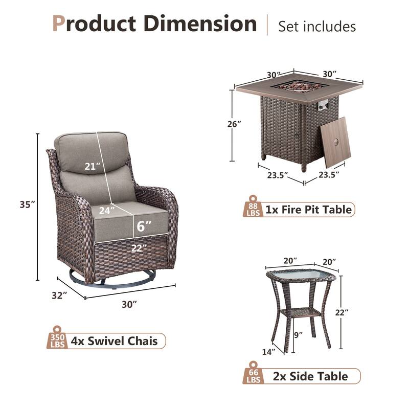 Pocassy Outdoor 6" Swivel Chairs with Fire Pit Table
