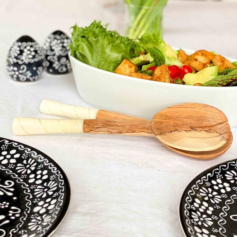 Handmade Olive Wood Serving Utensils with Natural Batik Bone Handles (Kenya)