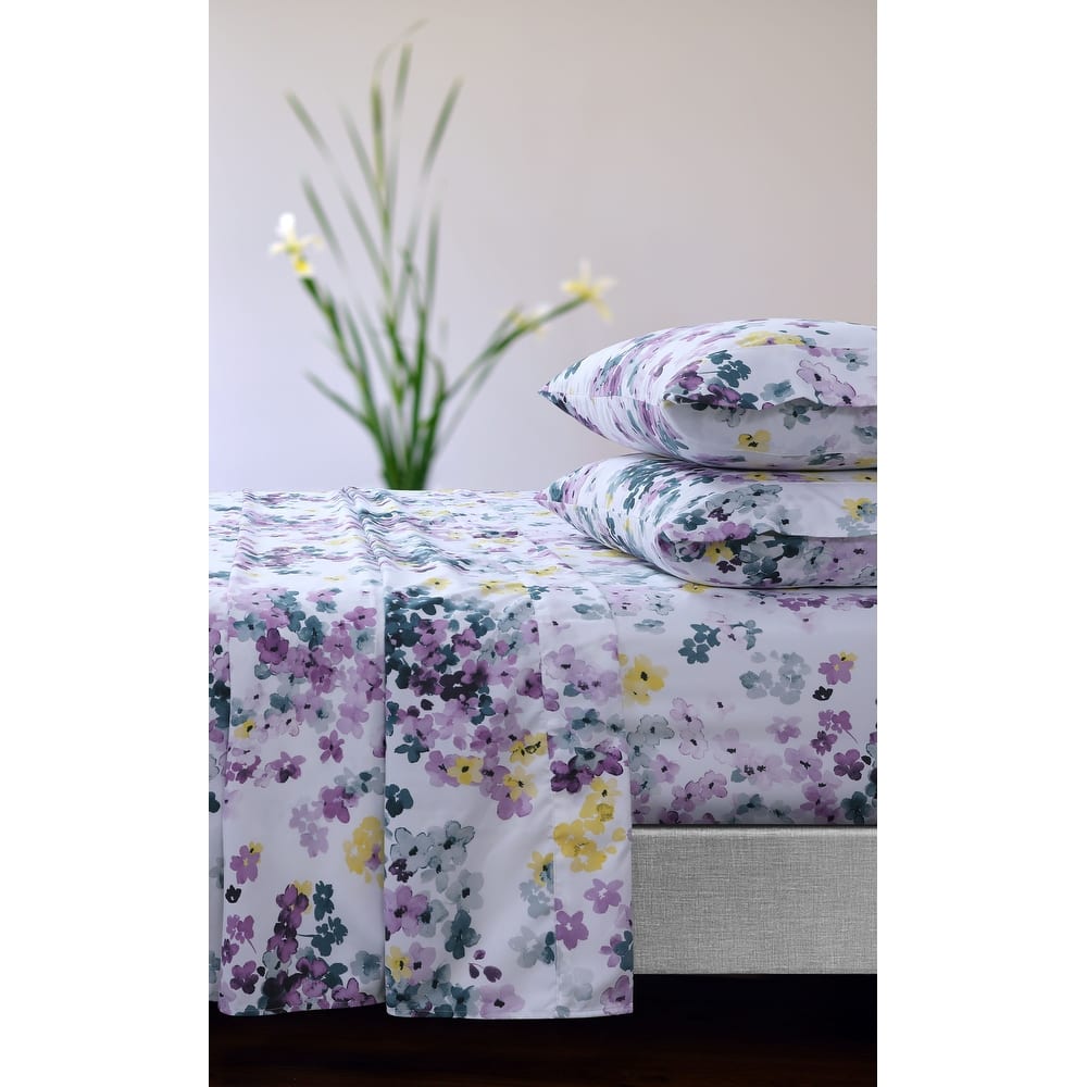 Azores Home Floral Printed Deep Pocket Sheet Set with Oversized Flat