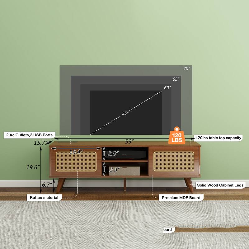 Mid Century Modern Rattan TV Stand with Sliding Doors, Solid Wood Legs & Charging Station for 55/60/65 Inch TVs