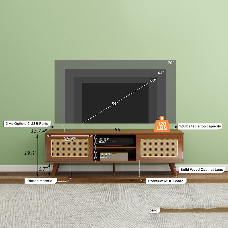 TV Stand with Rattan Cabinet Doors, Entertainment Center with Shelves and 2 Cabinets, Console Table with Solid Wood Feet