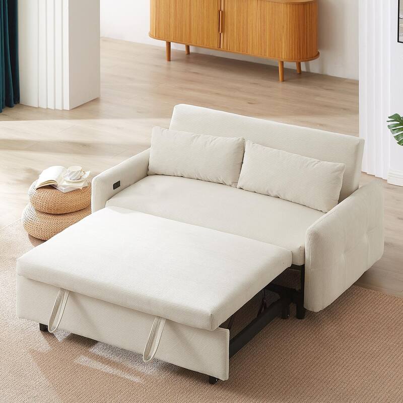 57.48" Corduroy Convertible Sofa Bed with Pull-Out Sleeper, Adjustable Backrest & USB - Beige