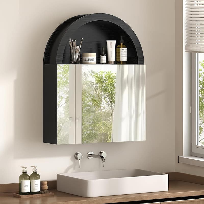 Bathroom Wall Cabinet with Mirror Adjustable Shelf Wall Mount - Glass Finish - Black