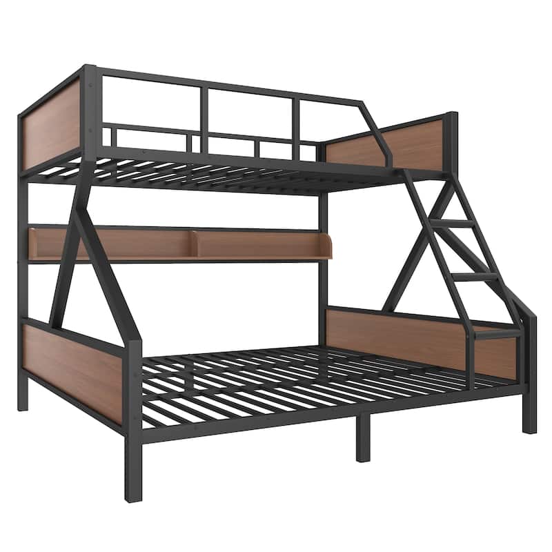Queen over King Bunk Bed, Metal Bunk Bed with Storage Shelves and Lights, Space-saving & Noise-free Design