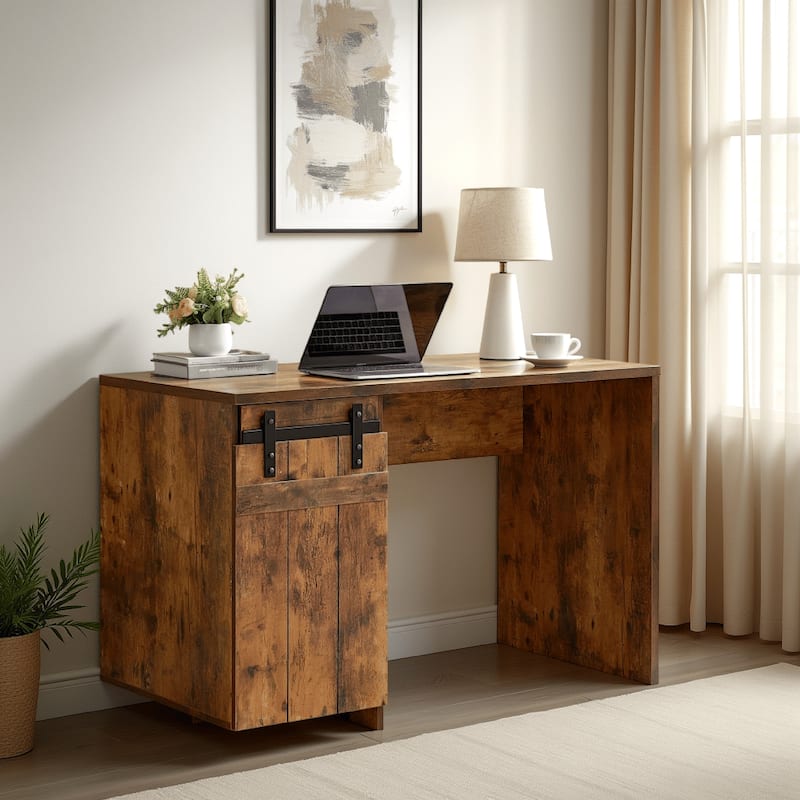 Fior Home Writing Desk, 47 Inch, Distressed Brown Wood, Faux Barn Door