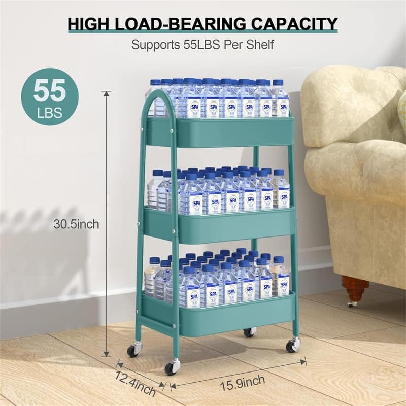 3 Tier Utility Rolling Cart - 15.94"D x 12.4"W x 30.51"H