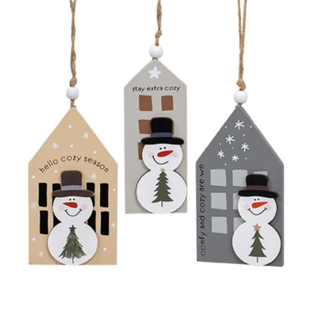 Cozy Snowman Wooden Christmas Ornaments Layered Holiday Decorations with Jute Hanger 3 Asstd. - Stay: 4.5”H x 1.75”W x 0.25”D