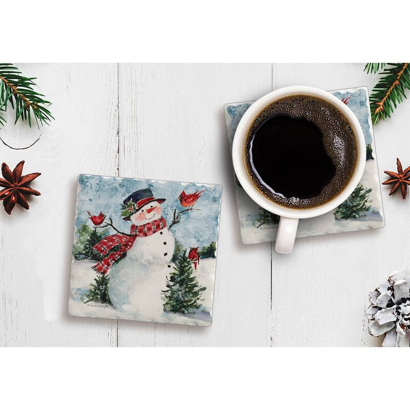 Counterart Absorbent Stone Coasters - Snowman Friends - Set of 4 - 4x4x1.581