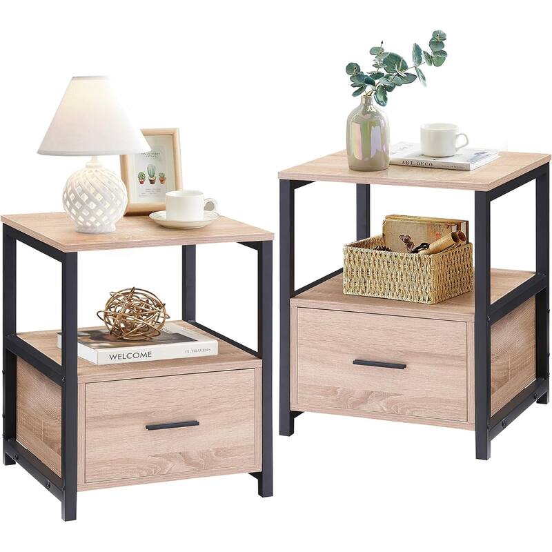 VECELO Nightstand Set of 1/2, Modern Square Side End Table, Living Room, Study Metal Frame