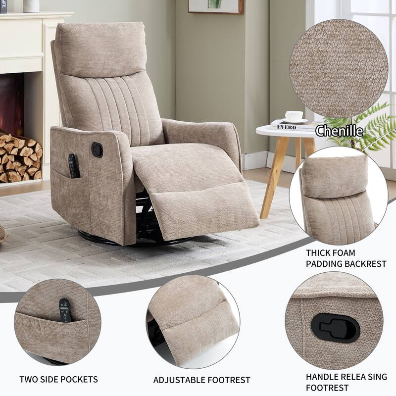 Roomfitters Swivel Rocker Recliner Chair, Manual Massage Armchair with Heat and Vibration, Fabric or Leather