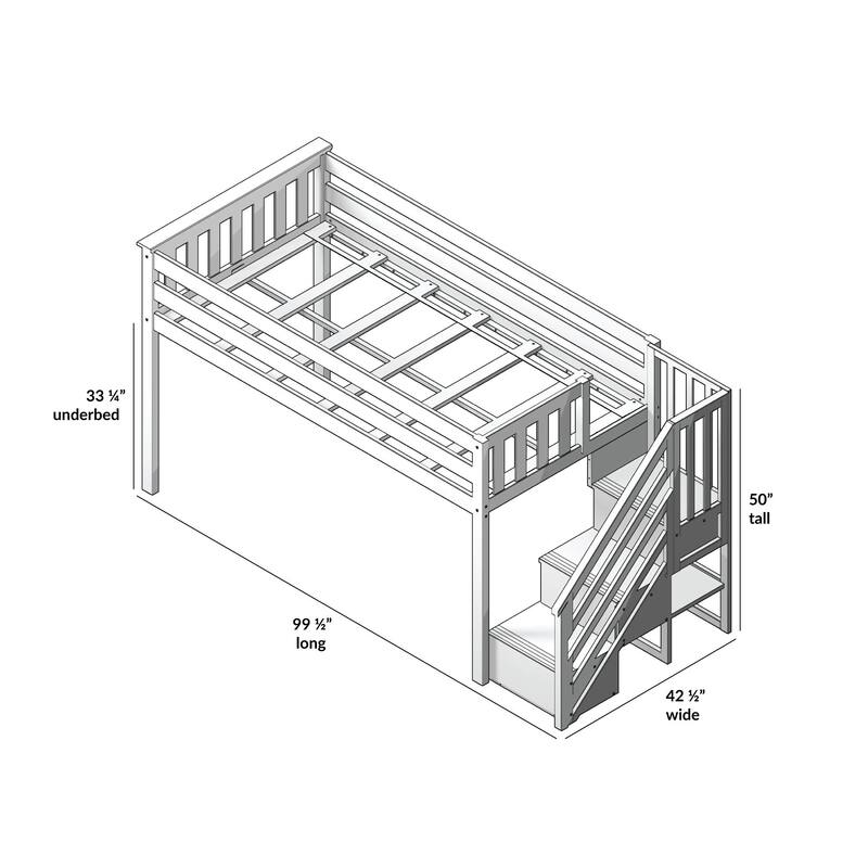 Max and Lily Twin Low Loft with Stairs and Curtains
