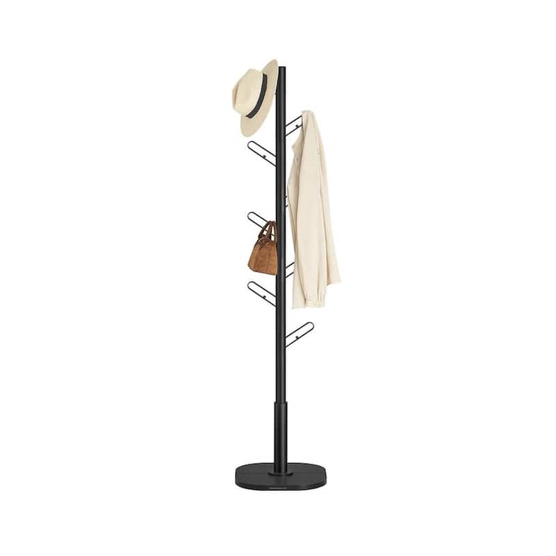 69" Tall Ink Black Metal Freestanding Coat Rack Tree with 2 Shelves and Wide Base for Daily Use - 15.7"L x 15.7"W x 69"H