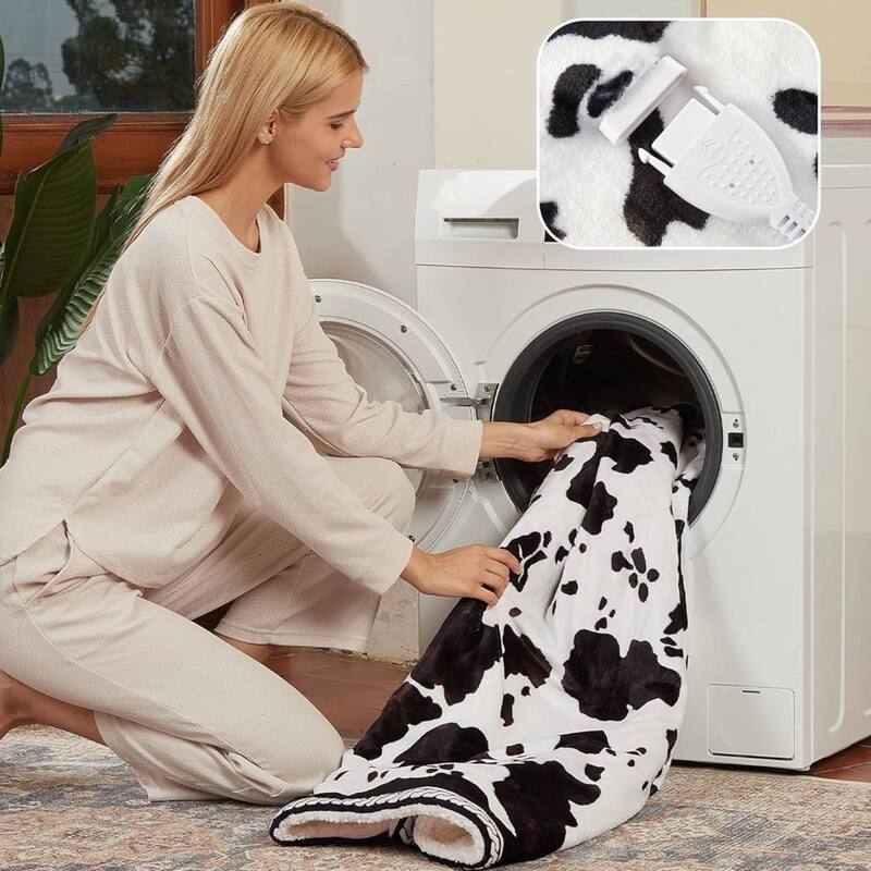 Cow Print 10 Heat Levels Electric Heating Blanket, Machine Washable, Brown+White