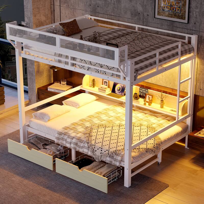 Queen over Queen Bunk Bed with Storage Shelves & Drawers, USB Ports & LED Lights, Convertible Sofa Lower Bed - White