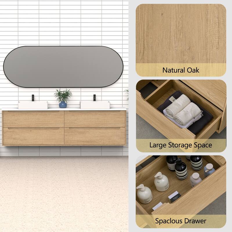 84" Solid Wood Bathroom Vanity with White Quartz Countertop Ceramic Vessel Sink