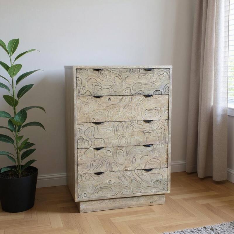 HomeRoots 35" Gray Carved Abstract Solid Wood Five Drawer Dresser - Gray - 5-drawer