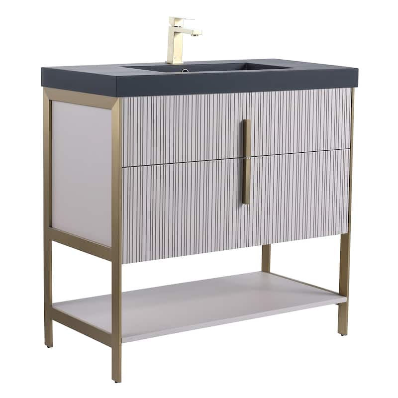 Fine Fixtures Serenity Modern Bathroom Vanity with Black Gel Acrylic Top - Bright Taupe - Brass Hardware - 36 inch
