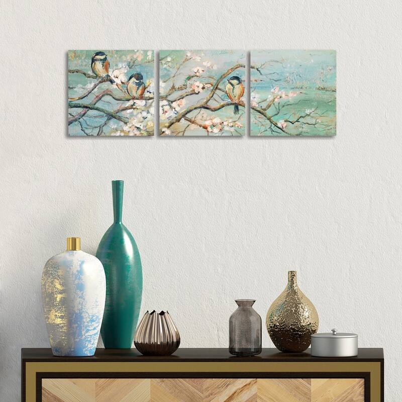 iCanvas "Spring Branch with Birds" by Patricia Pinto 3-Piece Canvas Wall Art Set - 12x36x1.5