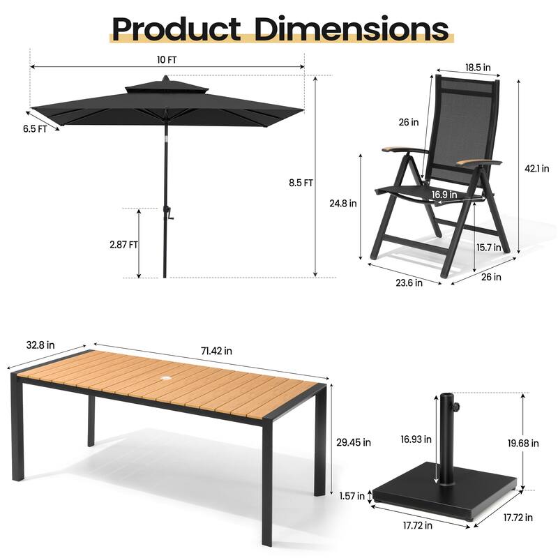 9-Piece Outdoor Patio Dining Set Wood Like Aluminum Umbrella Hole Table with Folding Chairs, Market Umbrella and Base